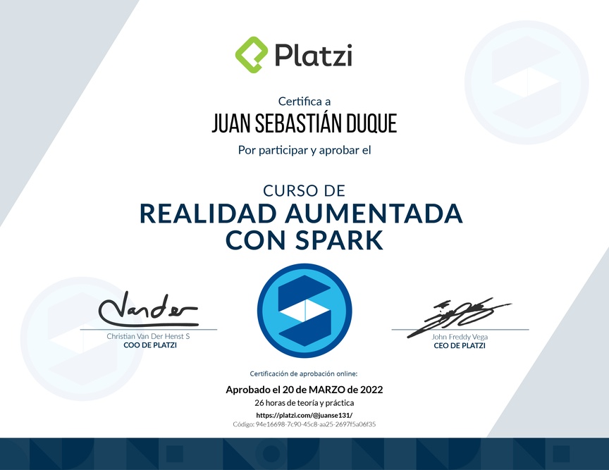 Diploma del Curso de Realidad Aumentada con Spark AR 2019