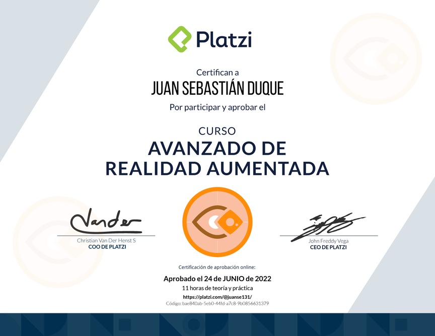 Diploma del Curso Avanzado de Realidad Aumentada