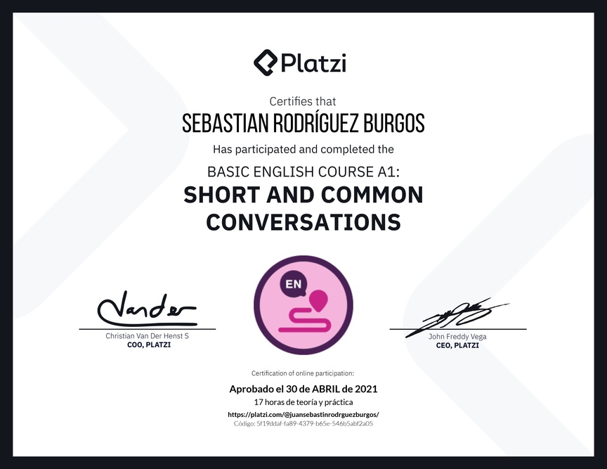 Diploma del Curso de Inglés Básico A1: Conversaciones Cortas y Habituales (2020)