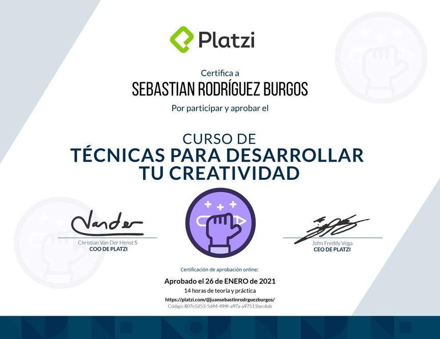 Diploma del Curso para Desarrollar tu Creatividad: Técnicas y Hábitos