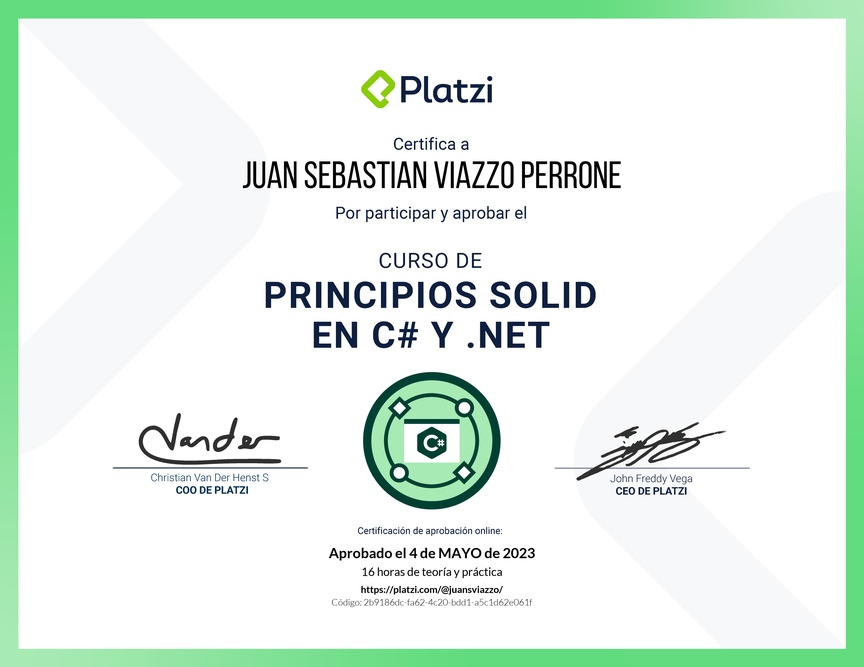 Diploma del Curso de Principios SOLID en C# y .NET