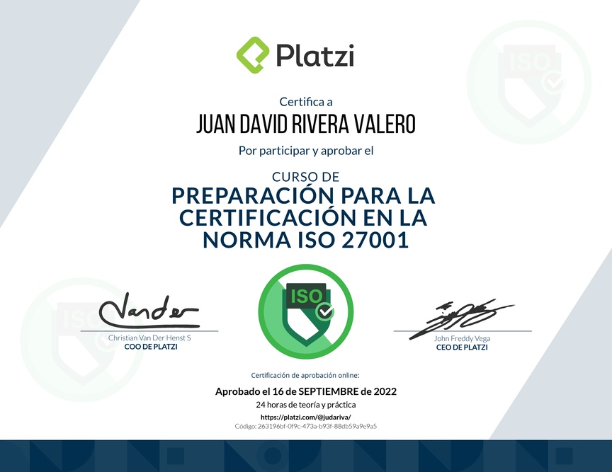 Diploma del Curso de Preparación para la Certificación en la Norma ISO 27001 (2020)
