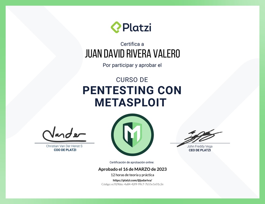 Diploma del Curso de Hacking: Pentesting con Metasploit