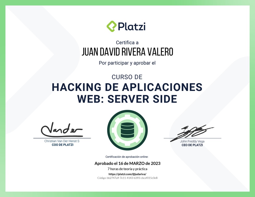 Diploma del Curso de Hacking: Aplicaciones Web Server Side