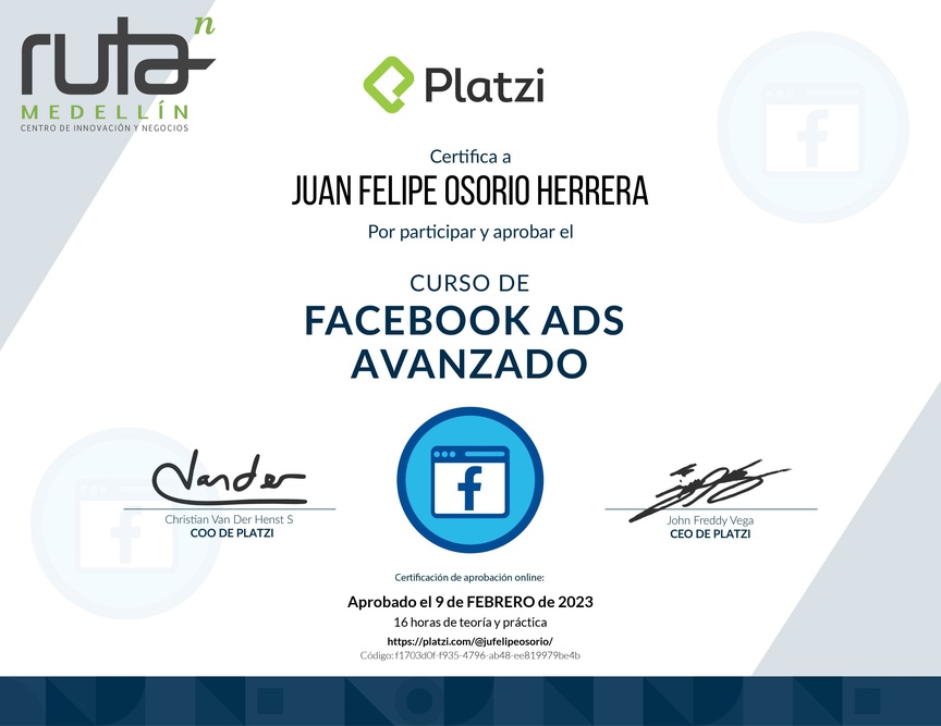 Diploma del Curso de Facebook Ads Avanzado