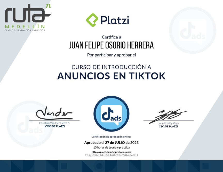 Diploma del Curso de Anuncios en TikTok