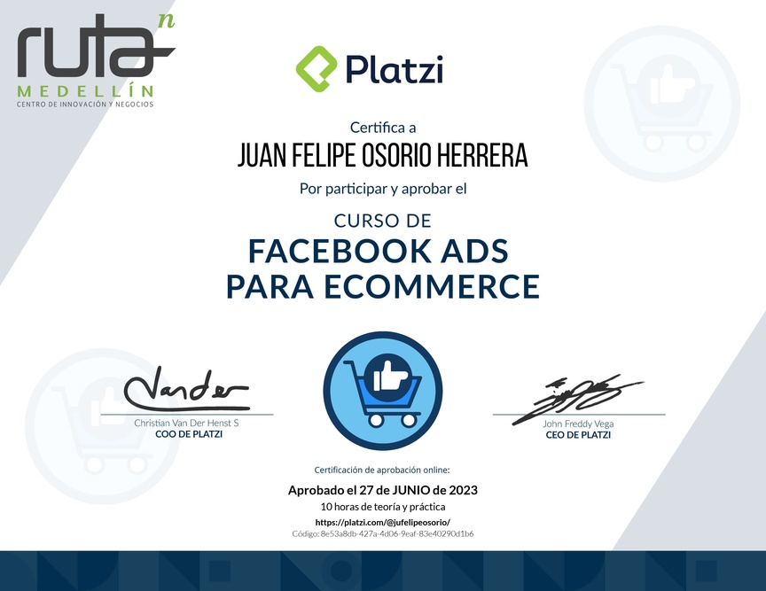 Diploma del Curso de Facebook Ads para comercios electrónicos.