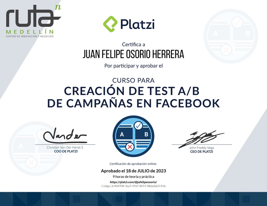 Diploma del Curso para Crear Campañas de A/B Testing en Facebook Ads