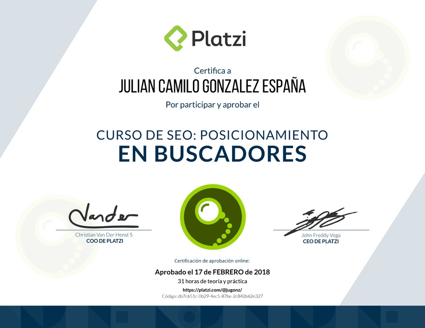 Diploma del Curso de SEO: Posicionamiento en buscadores 2017