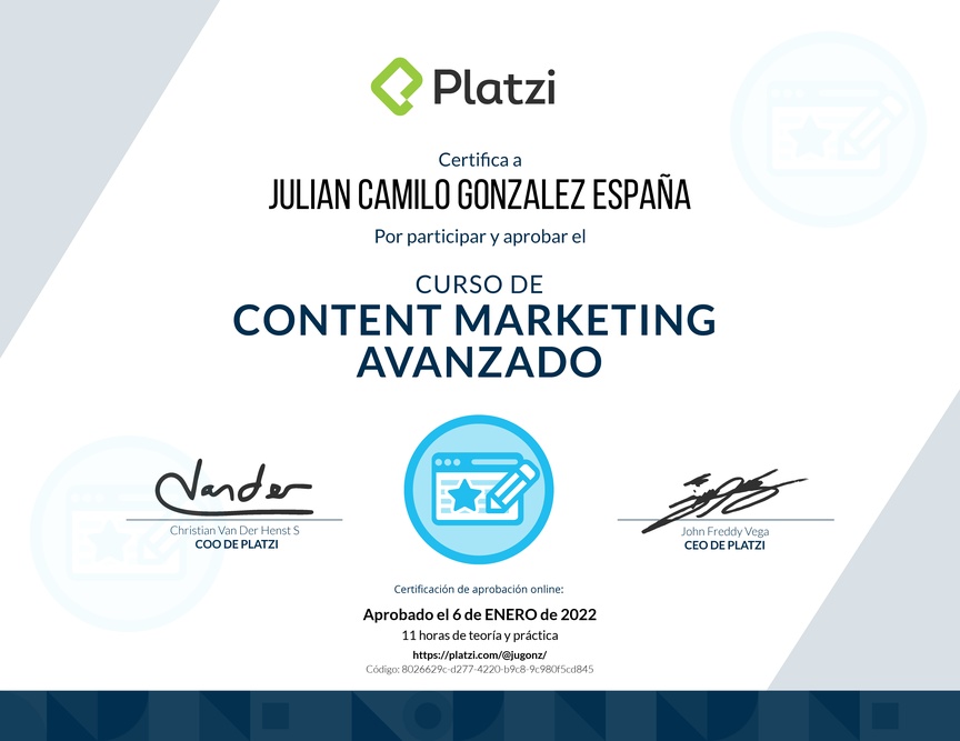 Diploma del Curso de Desarrollo de Estrategias de Content Marketing