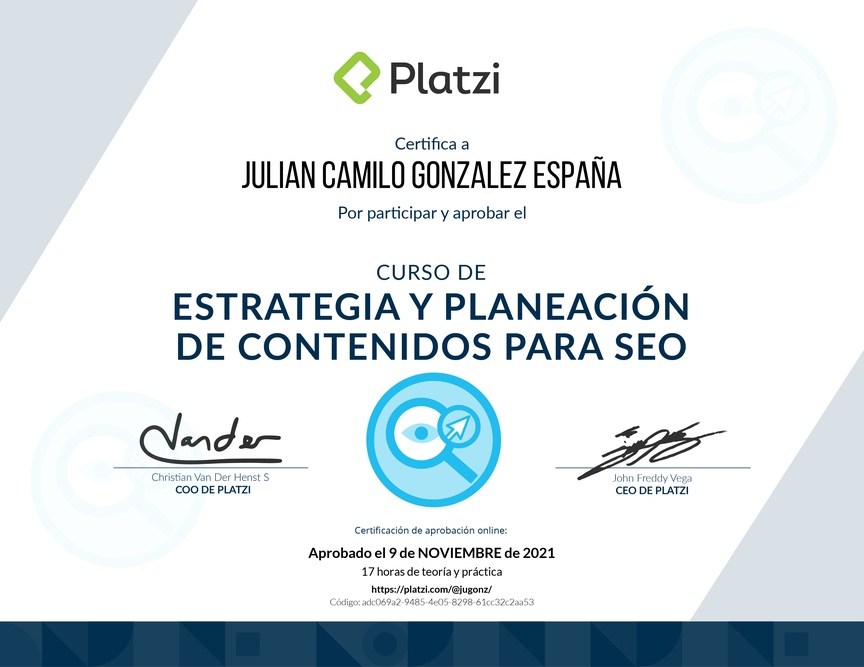 Diploma del Curso de Estrategia y Planeación de Contenidos para SEO (2020)