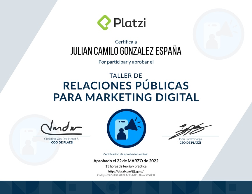 Diploma de Taller de Relaciones Públicas para Marketing Digital