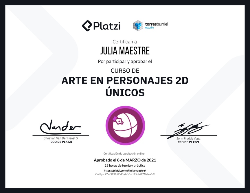 Diploma del Curso de Arte en Personajes 2D Únicos