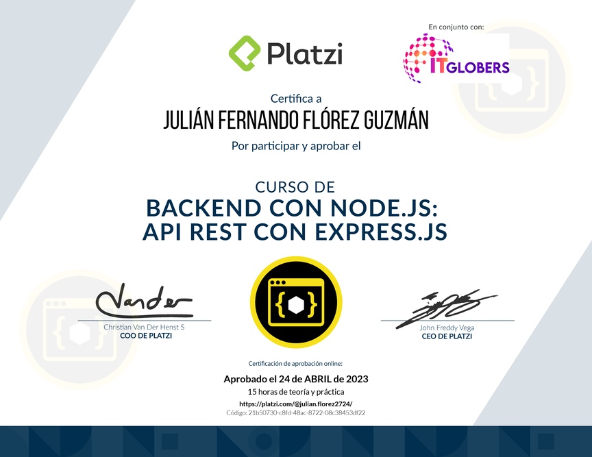 Diploma del Curso de Backend con Node.js: API REST con Express.js