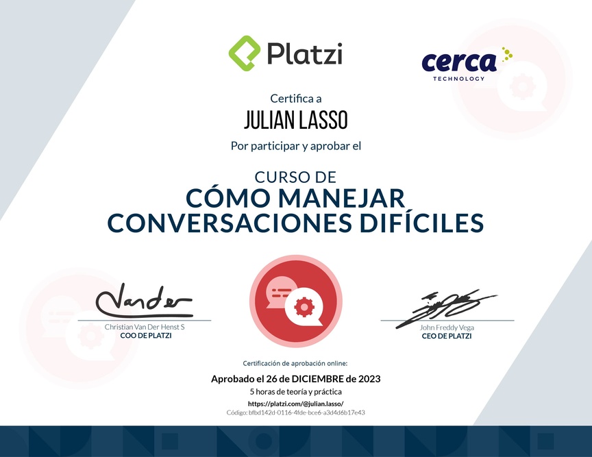 Diploma del Curso de Cómo Manejar Conversaciones Difíciles con Clientes