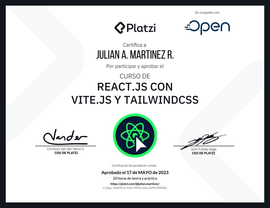 Diploma del Curso de React.js con Vite.js y TailwindCSS