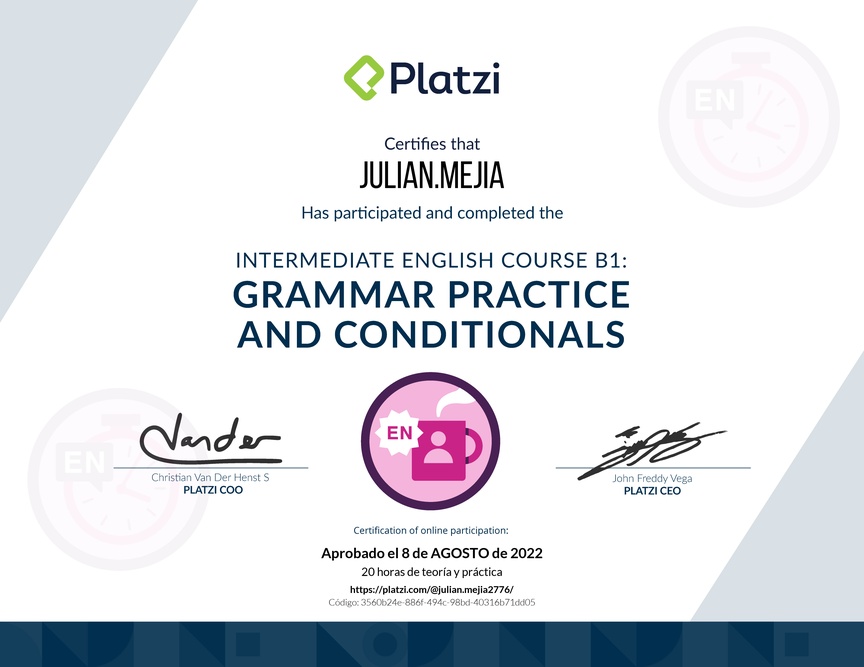 Diploma del Curso de Inglés Intermedio B1: Práctica Gramatical y Condicionales (2021)