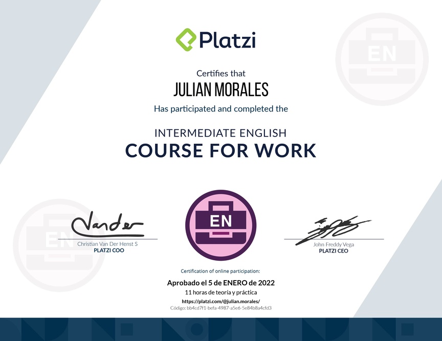 Diploma del Curso Intermedio de Inglés para el Trabajo 2020