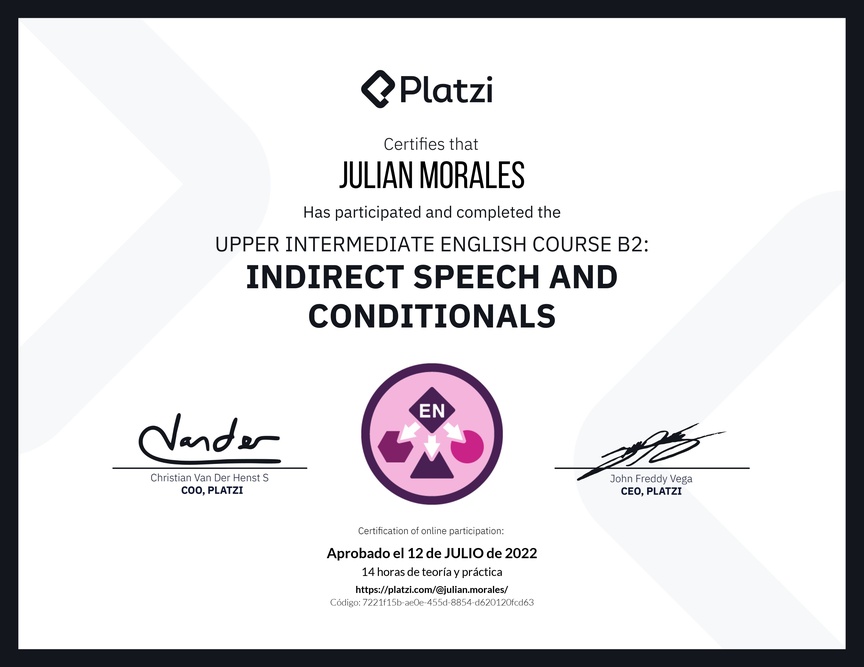 Diploma del Curso de Inglés Intermedio Alto B2: Discurso Indirecto y Condicionales