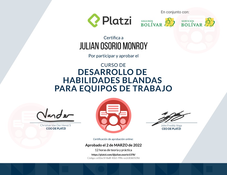 Diploma del Curso de Desarrollo de Habilidades Blandas para Equipos de Trabajo