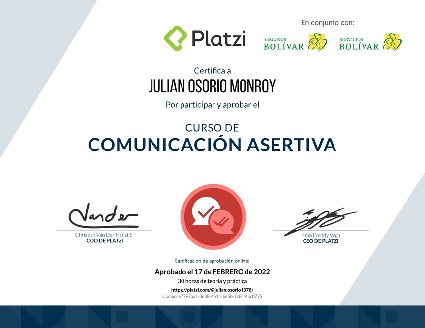 Diploma del Curso de Comunicación Asertiva para la Vida Personal y Profesional (2021)