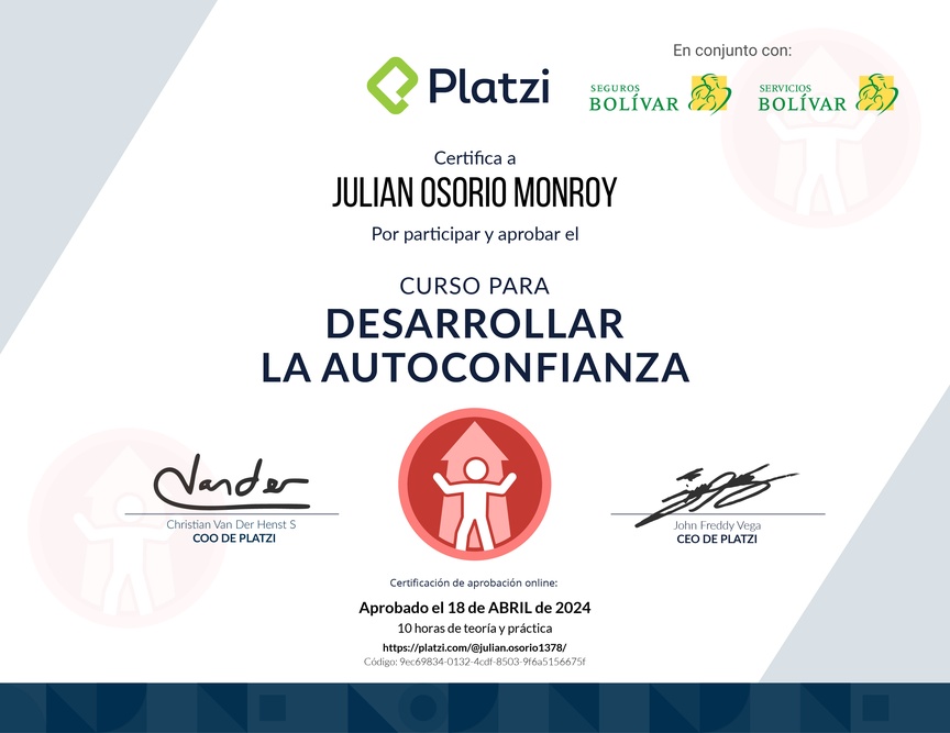 Diploma del Curso para Desarrollar la Autoconfianza