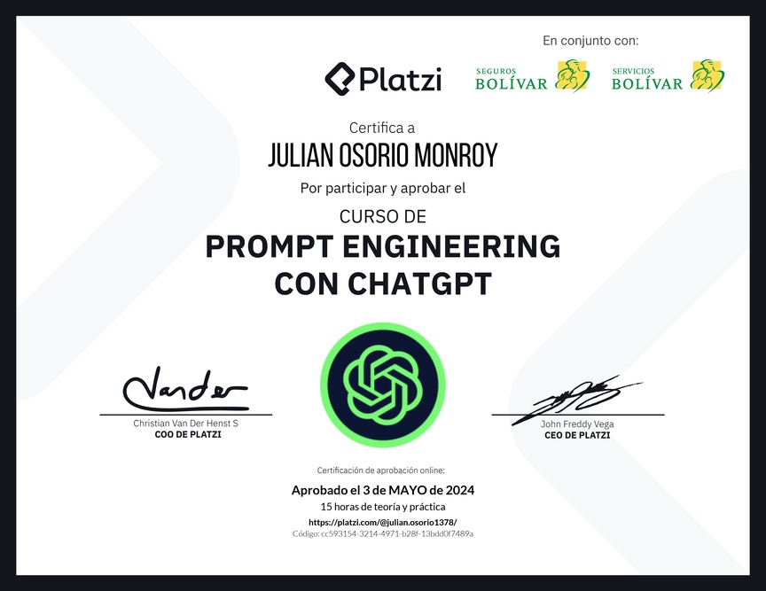Diploma del Curso de Prompt Engineering con ChatGPT