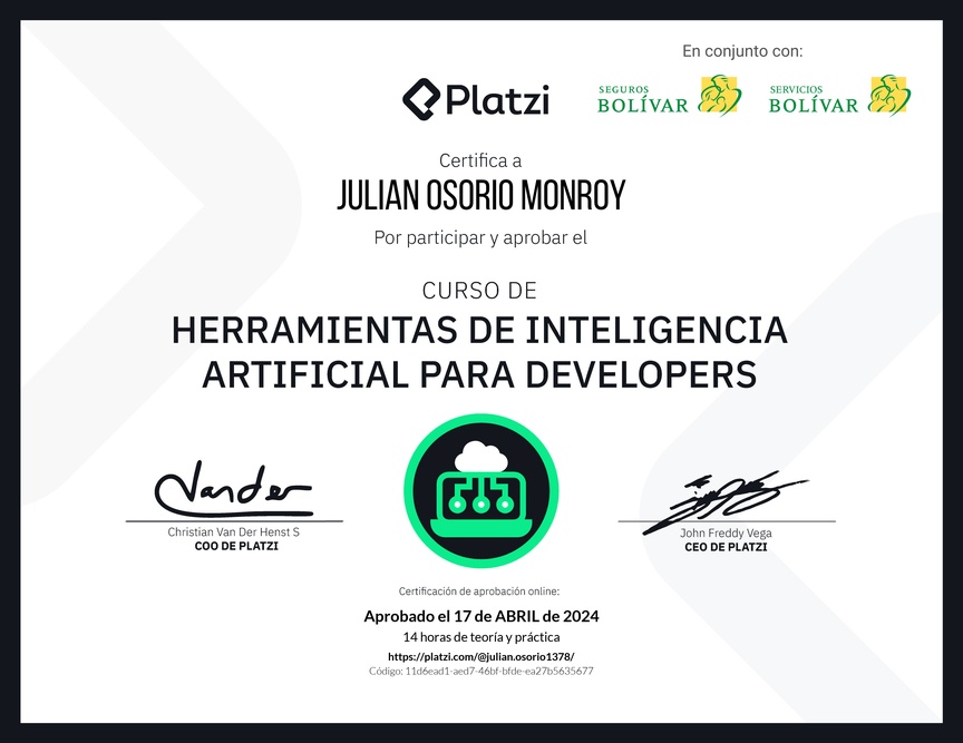 Diploma del Curso de Herramientas de Inteligencia Artificial para Developers (2023)