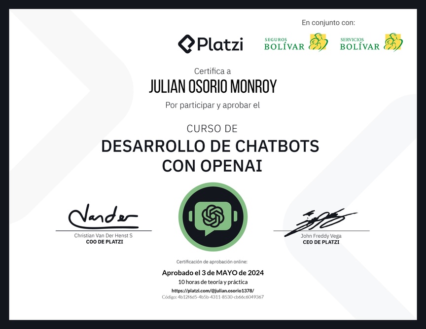 Diploma del Curso de Desarrollo de Chatbots con OpenAI