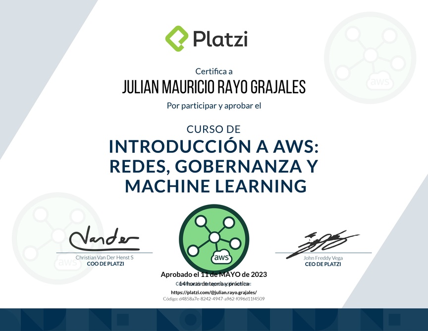 Diploma del Curso de Introducción a AWS: Redes, Gobernanza y Machine Learning