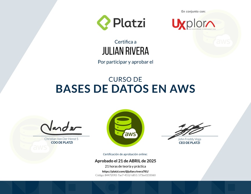 Diploma del Curso Práctico de Bases de Datos en AWS