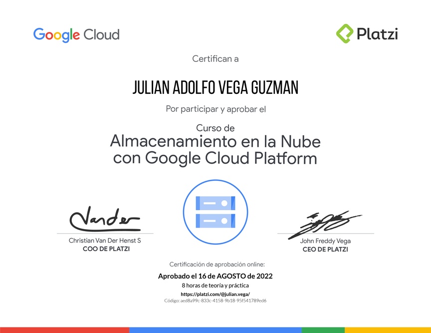 Diploma del Curso de Almacenamiento en la Nube con Google Cloud Platform
