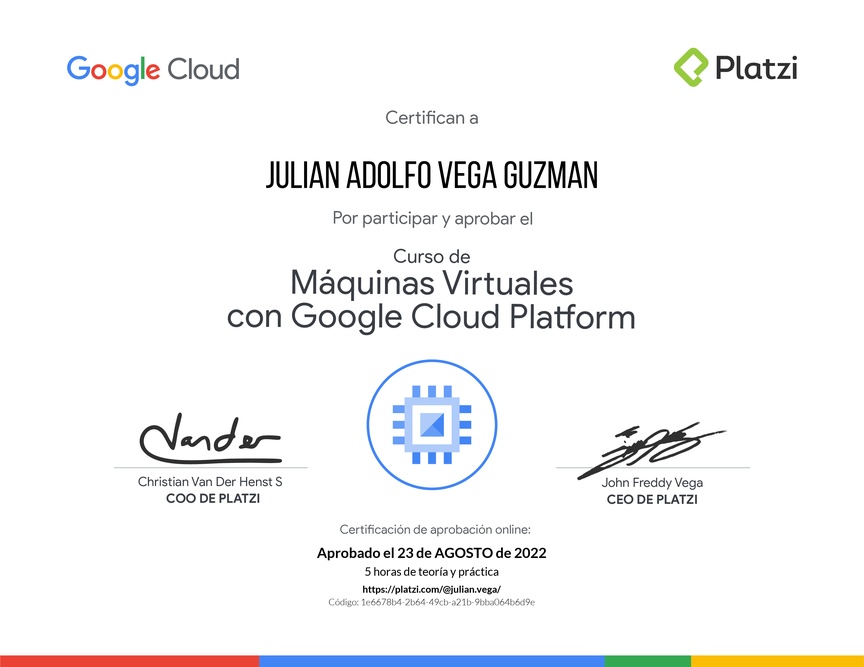 Diploma del Curso de Máquinas Virtuales con Google Cloud Platform