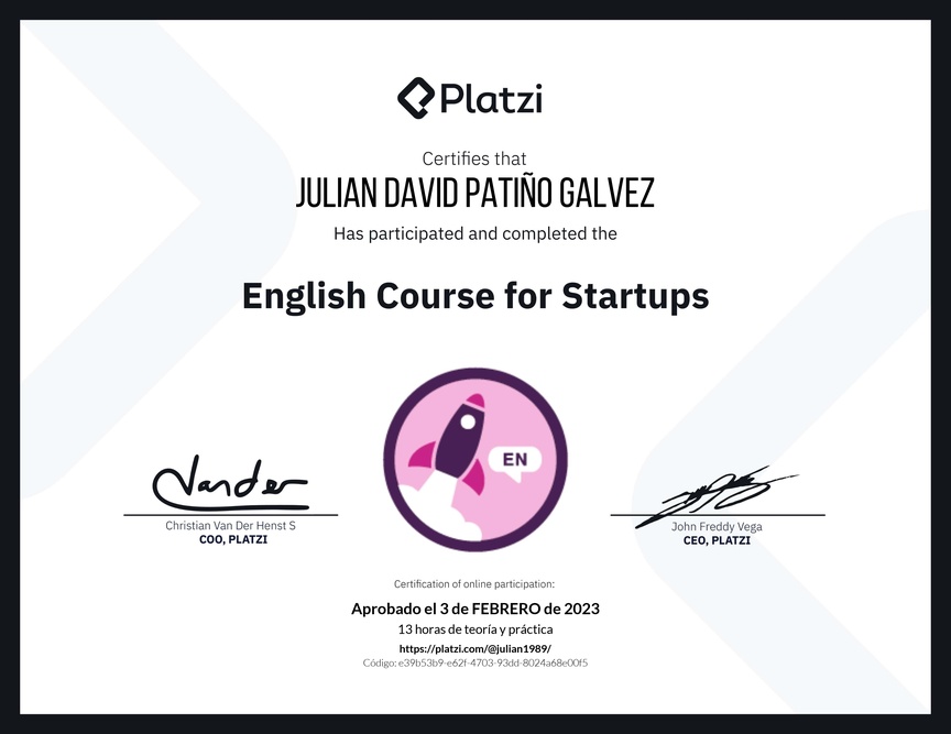 Diploma del Curso para Startups en Inglés (2021)