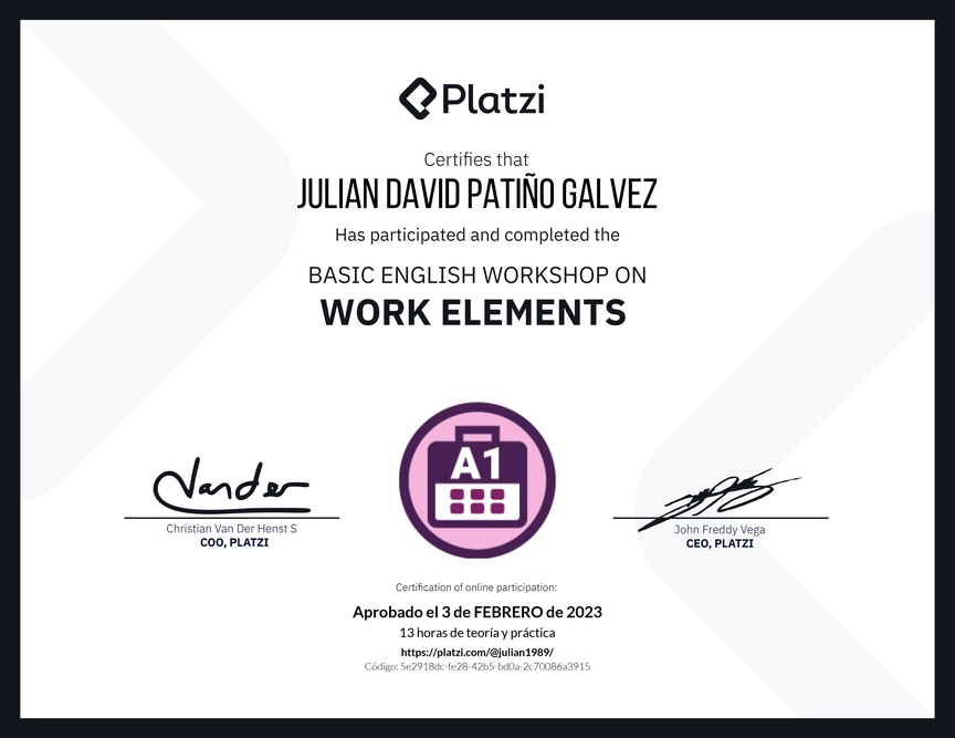 Diploma del Curso de Inglés Práctico sobre Elementos de Trabajo