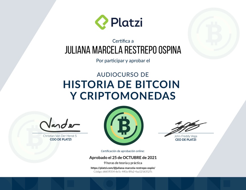 Diploma de Audiocurso de Historia de Bitcoin y Criptomonedas