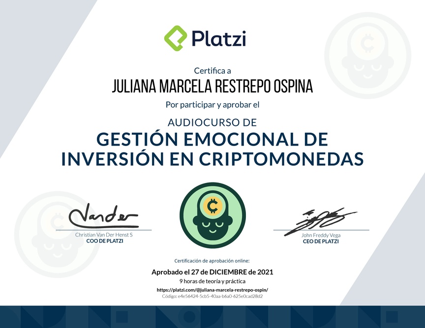 Diploma de Audiocurso de Gestión Emocional de Inversión en Criptomonedas