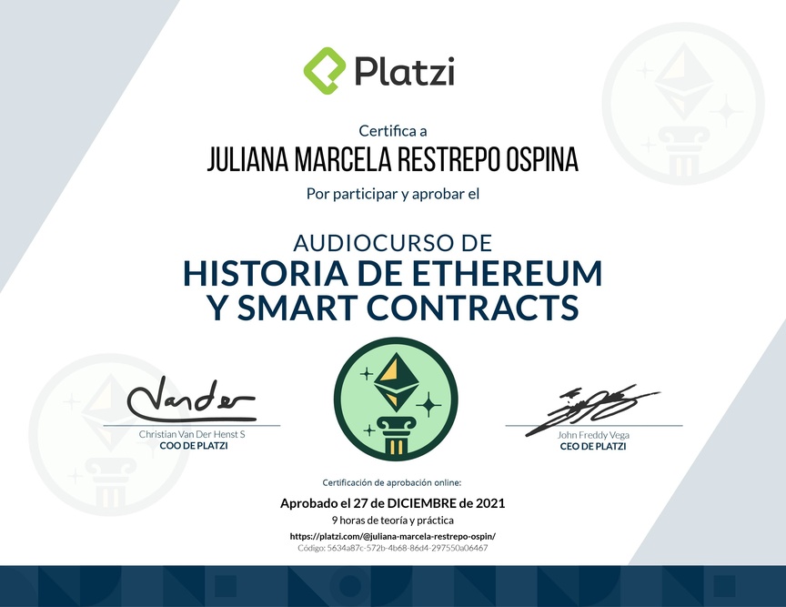 Diploma de Audiocurso de Historia de Ethereum y Smart Contracts