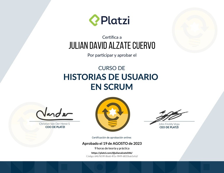 Diploma del Curso de Historias de Usuario en Scrum