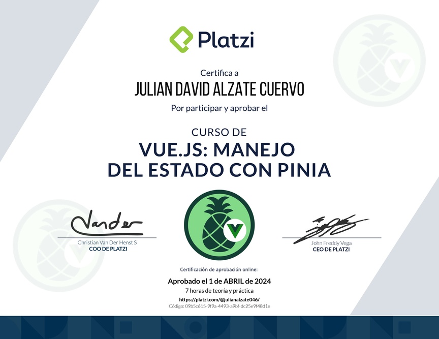 Diploma del Curso de Vue.js: Manejo del Estado con Pinia