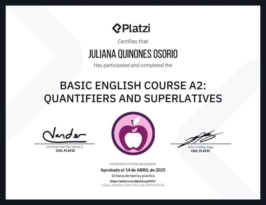 Diploma del Curso de Inglés Básico A2: Cuantificadores y Superlativos