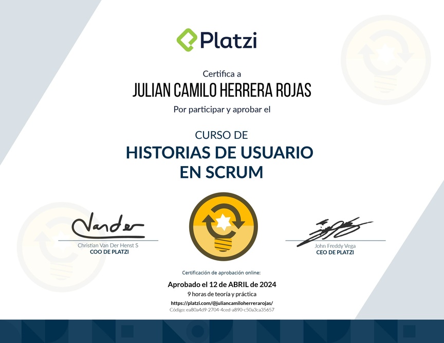 Diploma del Curso de Historias de Usuario en Scrum