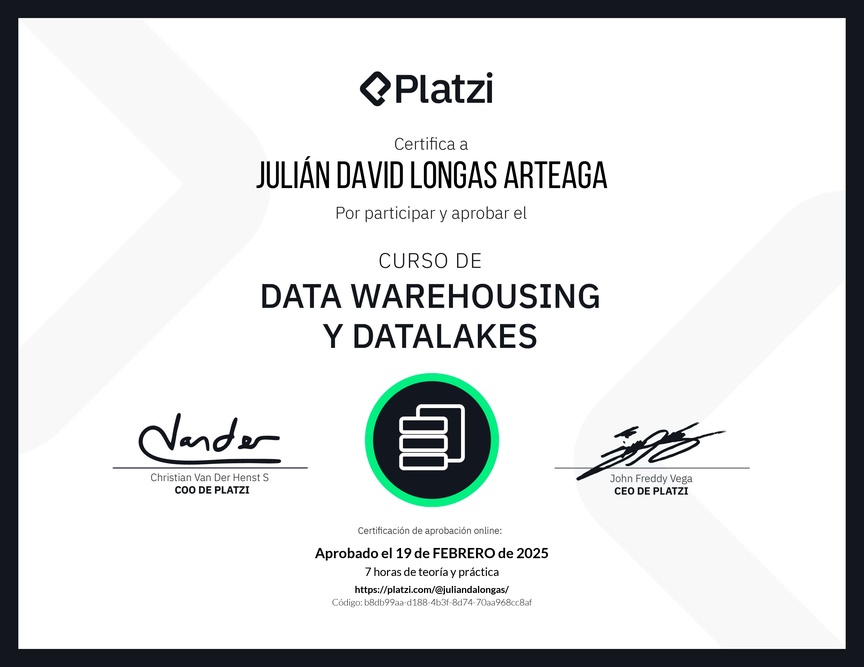 Diploma del Curso de Data Warehousing y Data Lakes