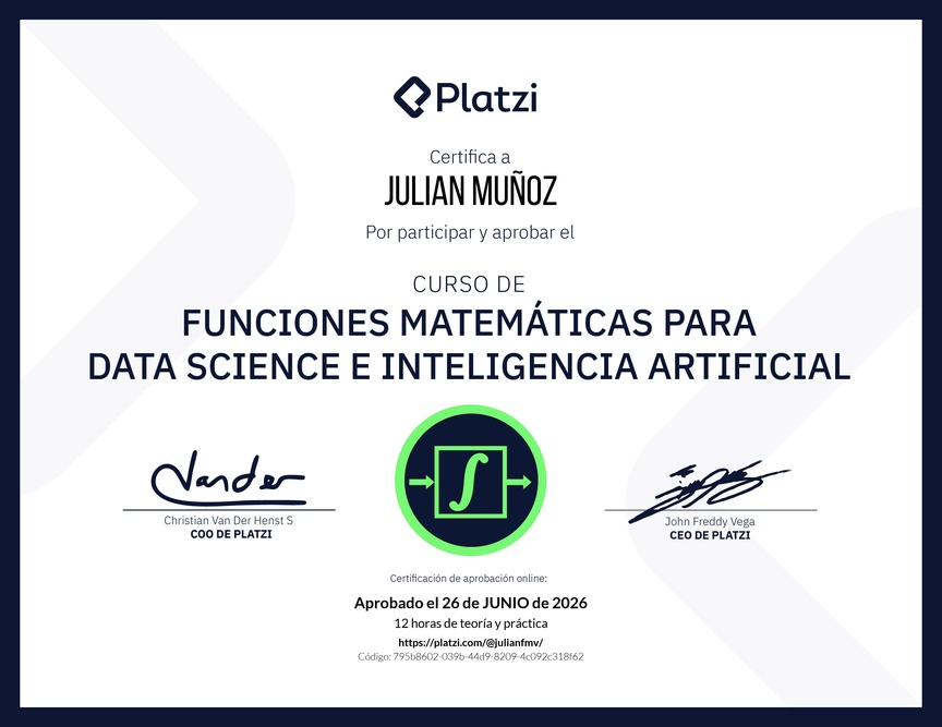 Diploma del Curso de Funciones Matemáticas para Data Science e Inteligencia Artificial