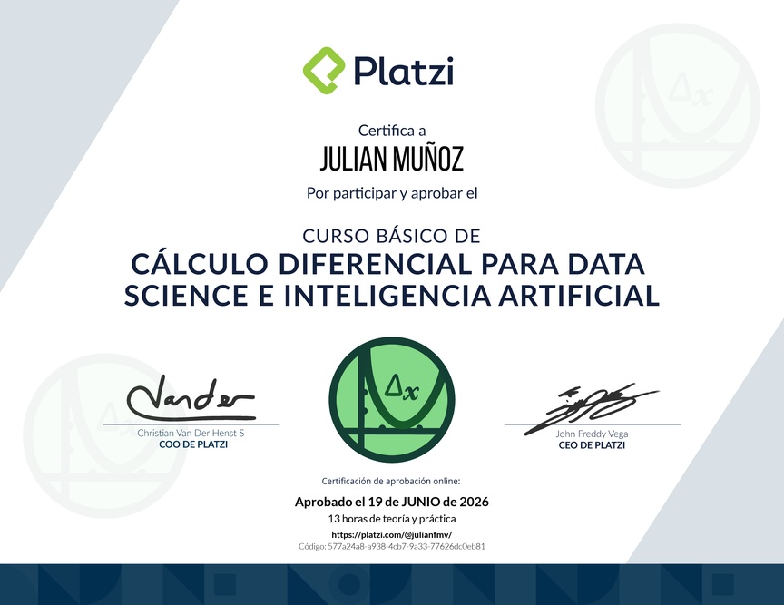 Diploma del Curso Básico de Cálculo Diferencial para Data Science e Inteligencia Artificial