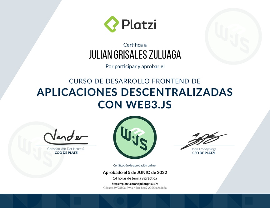 Diploma del Curso de Desarrollo Frontend de Aplicaciones Descentralizadas con Web3.Js