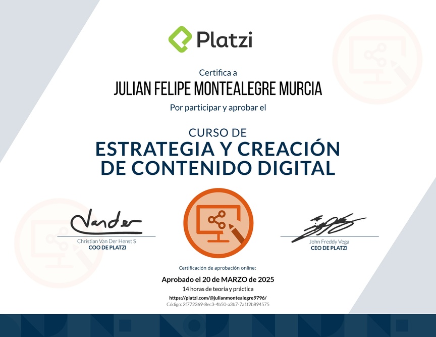 Diploma del Curso de Estrategia y Creación de Contenido Digital