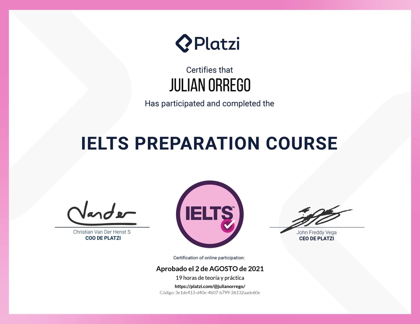 Diploma del Curso de Inglés para Preparación de IELTS (2020)