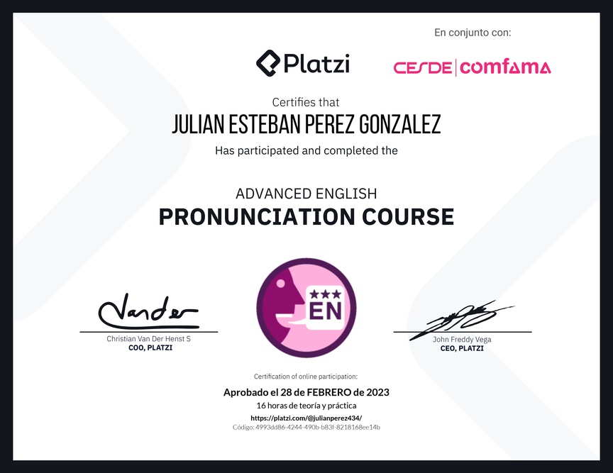 Diploma del Curso Avanzado de Pronunciación en Inglés