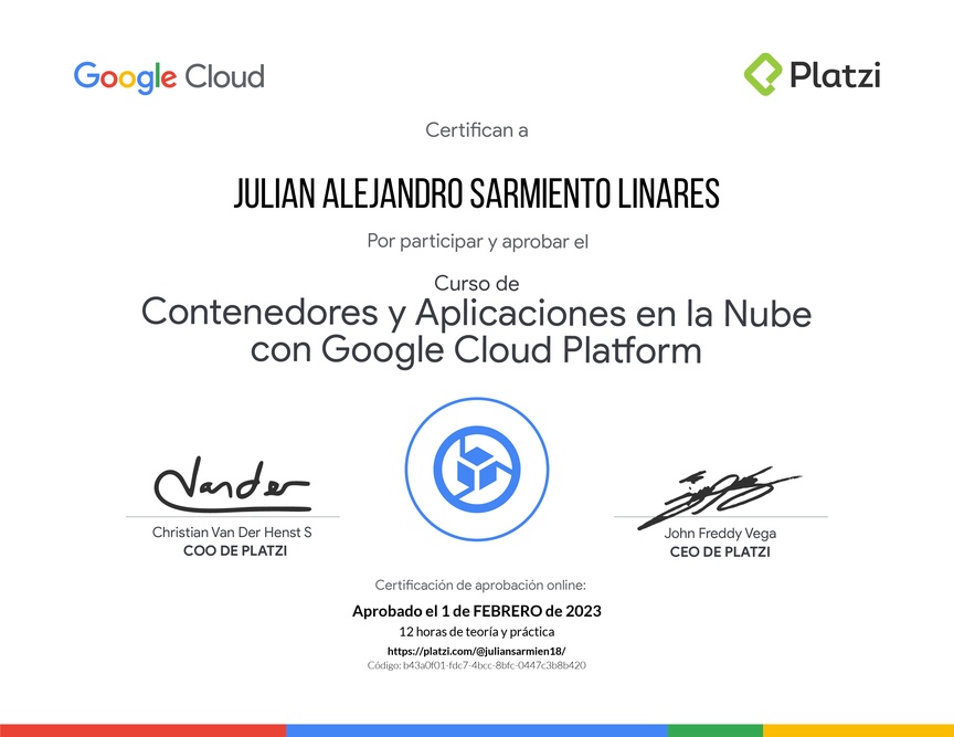 Diploma del Curso de Contenedores y Aplicaciones en la Nube con Google Cloud Platform